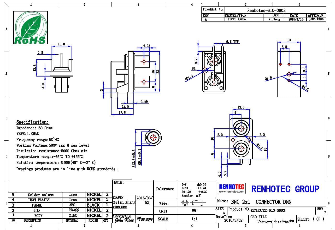 BNC母座封裝 PCB彎式插板50歐姆